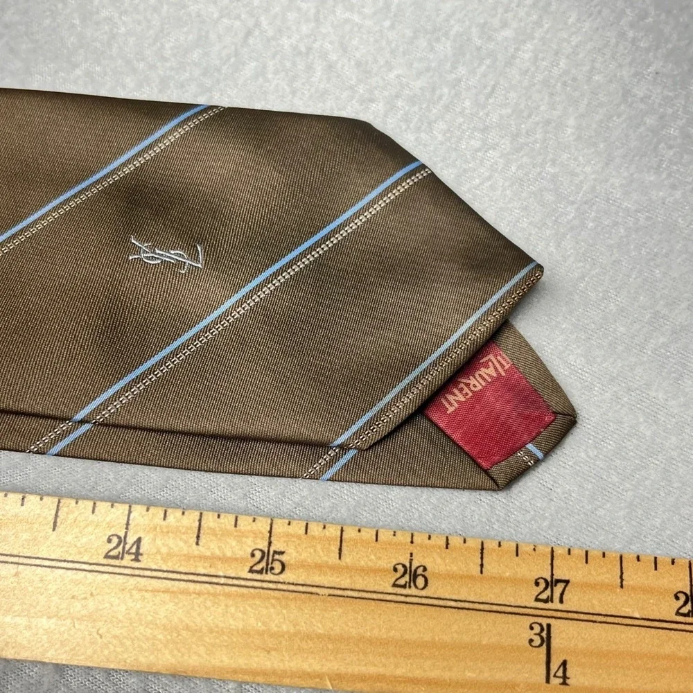 Yves Saint Laurent Mens Silk Tie Brown Blue Striped YSL Logo‎ Embroidered France